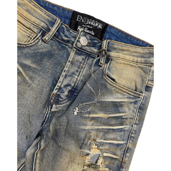 En Noir Men's Clash Sand Wash Rip & Repair Distressed Skinny Fit Denim Jeans - Picture 7 of 8